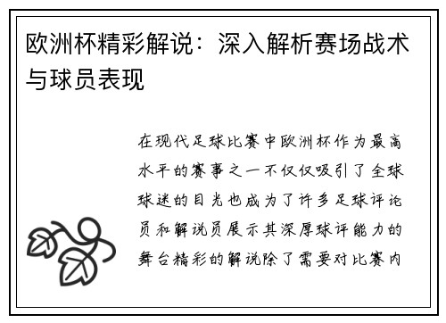 欧洲杯精彩解说：深入解析赛场战术与球员表现